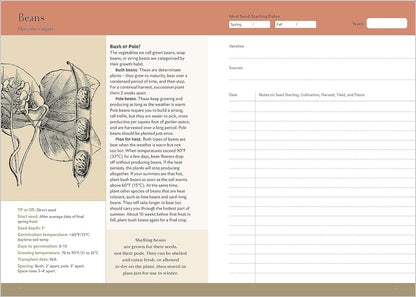 33 crops are featured with details about getting your plants off to a good start. The next page has space for you to record your own details such as variety, planting dates, yield, etc. The back section has 112 pages where you can continue to add notes year after year.