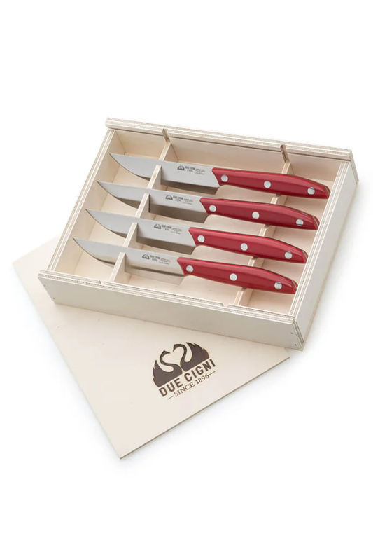 Due Cigni 1896 America Steak Knives with Red POM handles, 4-Piece Set